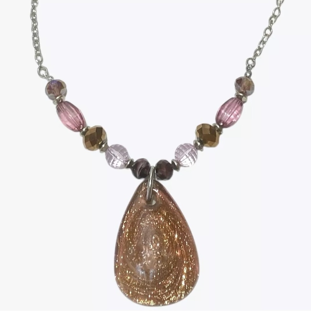 Copper Tone Glitter Art Glass Teardrop Pendant Necklace Crystal Beads Statement